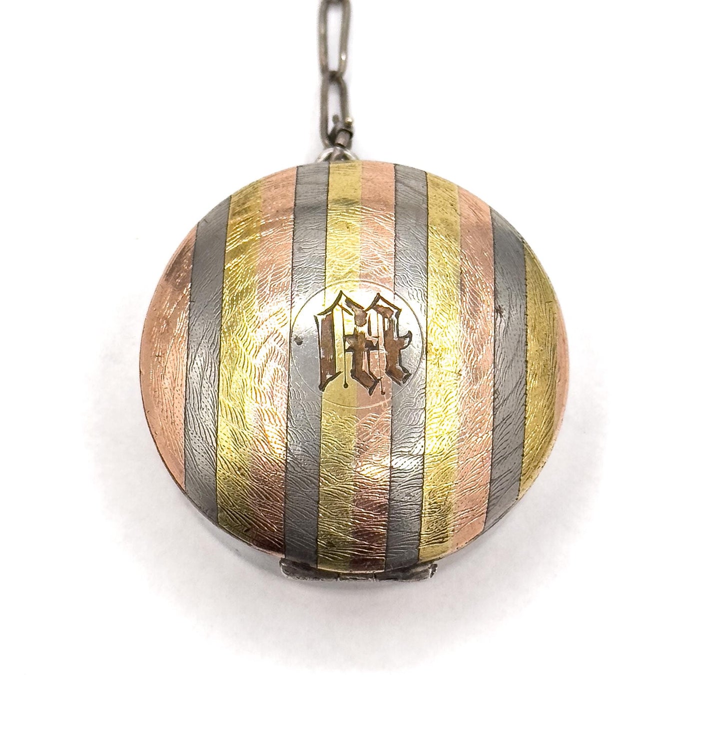 Antique Monogram M Chatelaine Compact Trinket Box in Sterling Silver Tri-tone gold