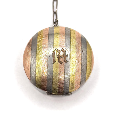 Antique Monogram M Chatelaine Compact Trinket Box in Sterling Silver Tri-tone gold