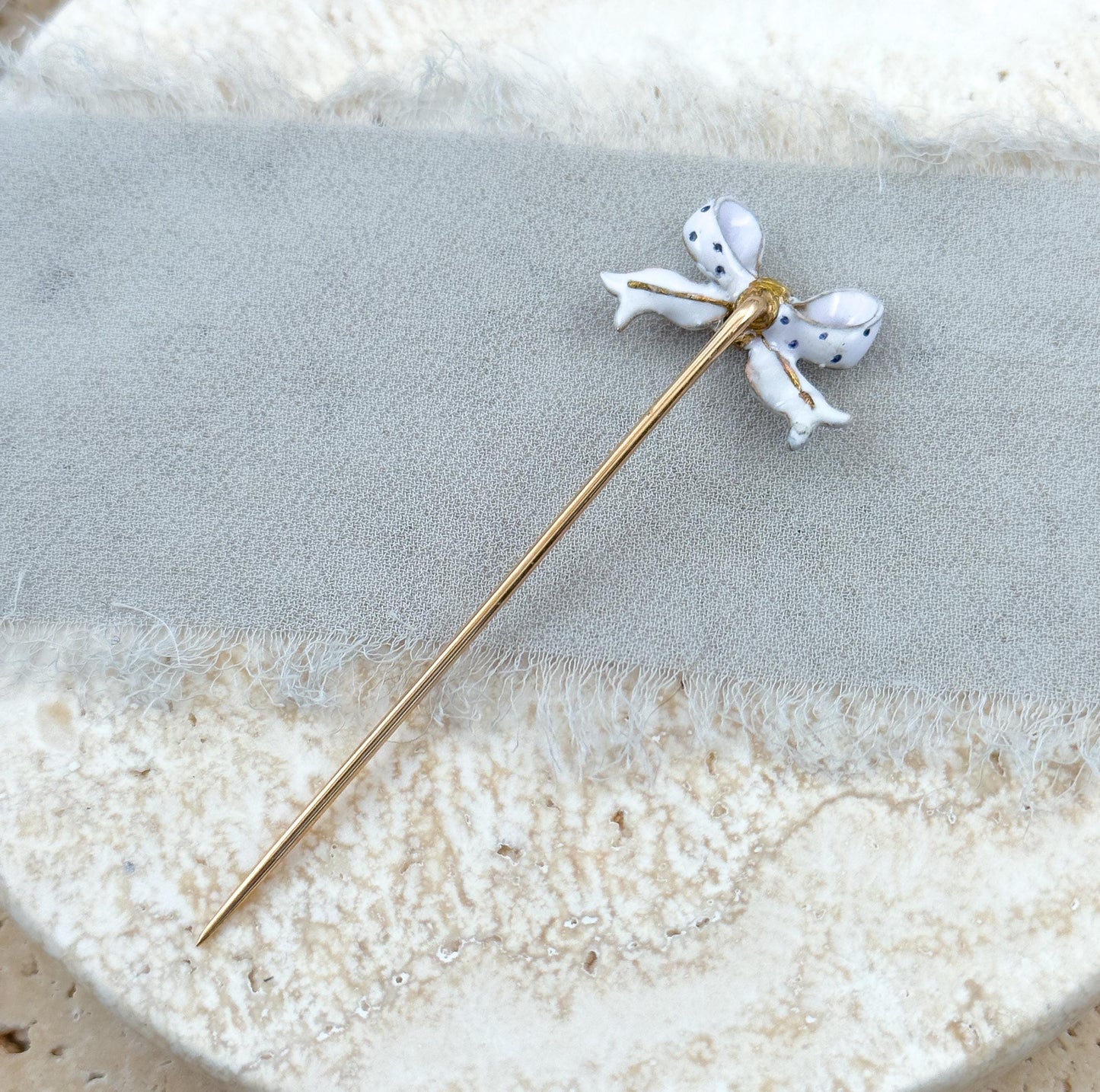 Victorian Bow Pin with Polka Dot Enamel & Seed Pearls in 15K Gold