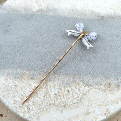 Victorian Bow Pin with Polka Dot Enamel & Seed Pearls in 15K Gold
