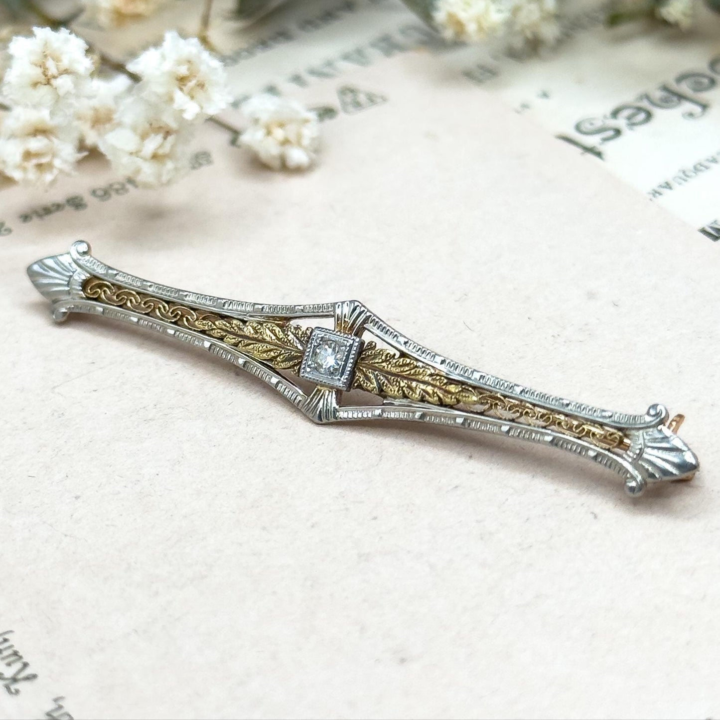 antique Edwardian bar brooch in two tone gold