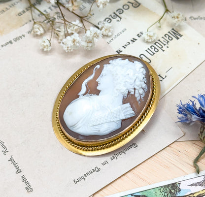 Exceptional Antique Carved Cameo of Artemis in High Relief Diana the Hunter in 14K Gold