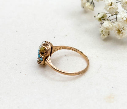 Antique Victorian Turquoise & Seed Pearl Ring in 9K Gold Split Seed Pearl 1800s
