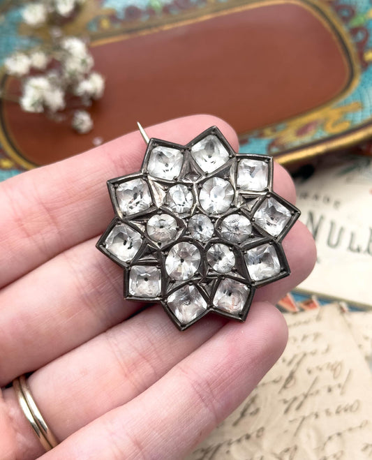 Antique Rock Crystal Brooch in Silver Georgian paste Brooch Victorian Black Dot Paste 1790s