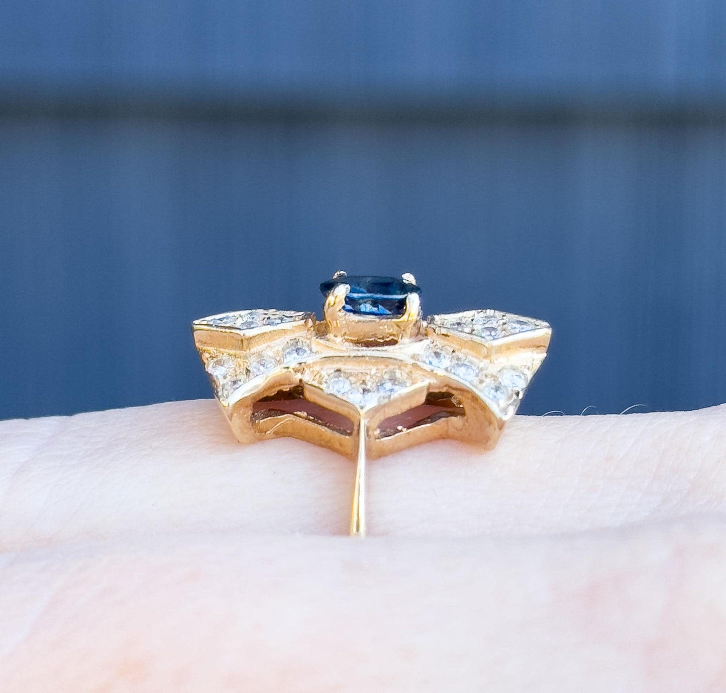 Vintage Pave Diamond & Blue Sapphire Shield ring in 14K Yellow Gold