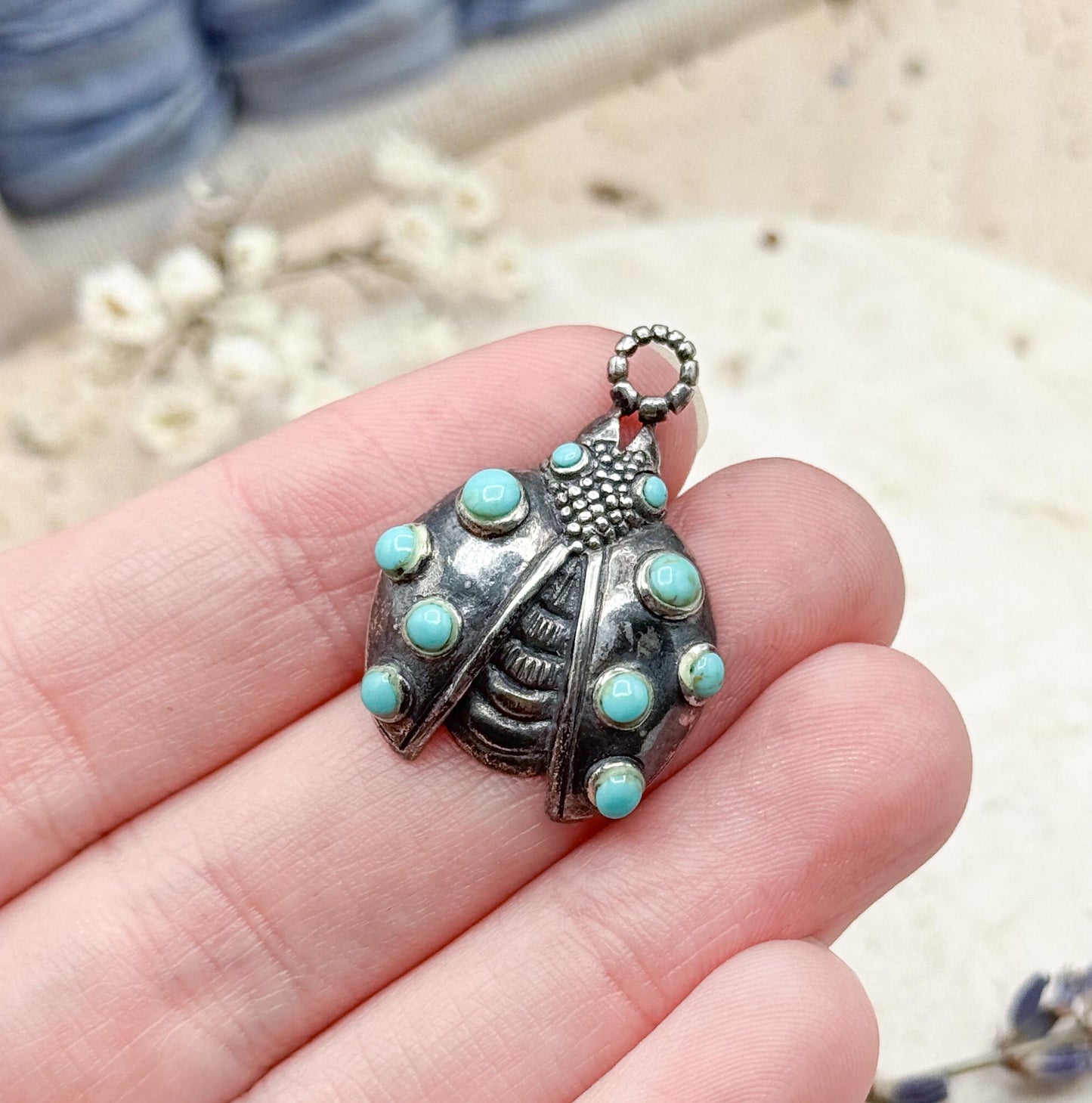 Vintage Sterling Silver Ladybug Pendant with Turquoise Cabochons