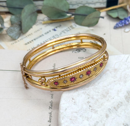 Antique 9ct Gold Garnet Bangle Bracelet: Victorian Rose Cut Diamond Jewelry