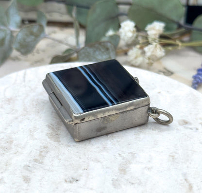 Victorian Banded Agate Box Pendant: Antique Snuff Trinket Box, 1800s