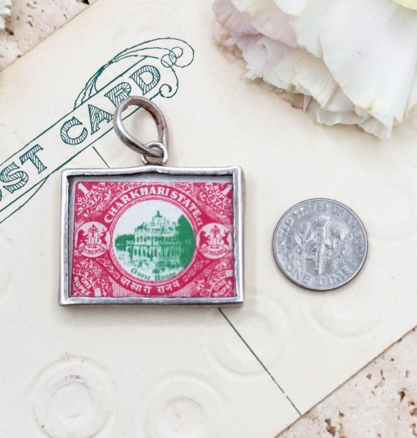 Vintage India Charkhari State Postage Stamp In Silver Frame Pendant Antique Stamp