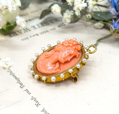 Antique Carved Coral Cameo Pendant Cameo Brooch in 18K Yellow Gold w Seed Pearl halo