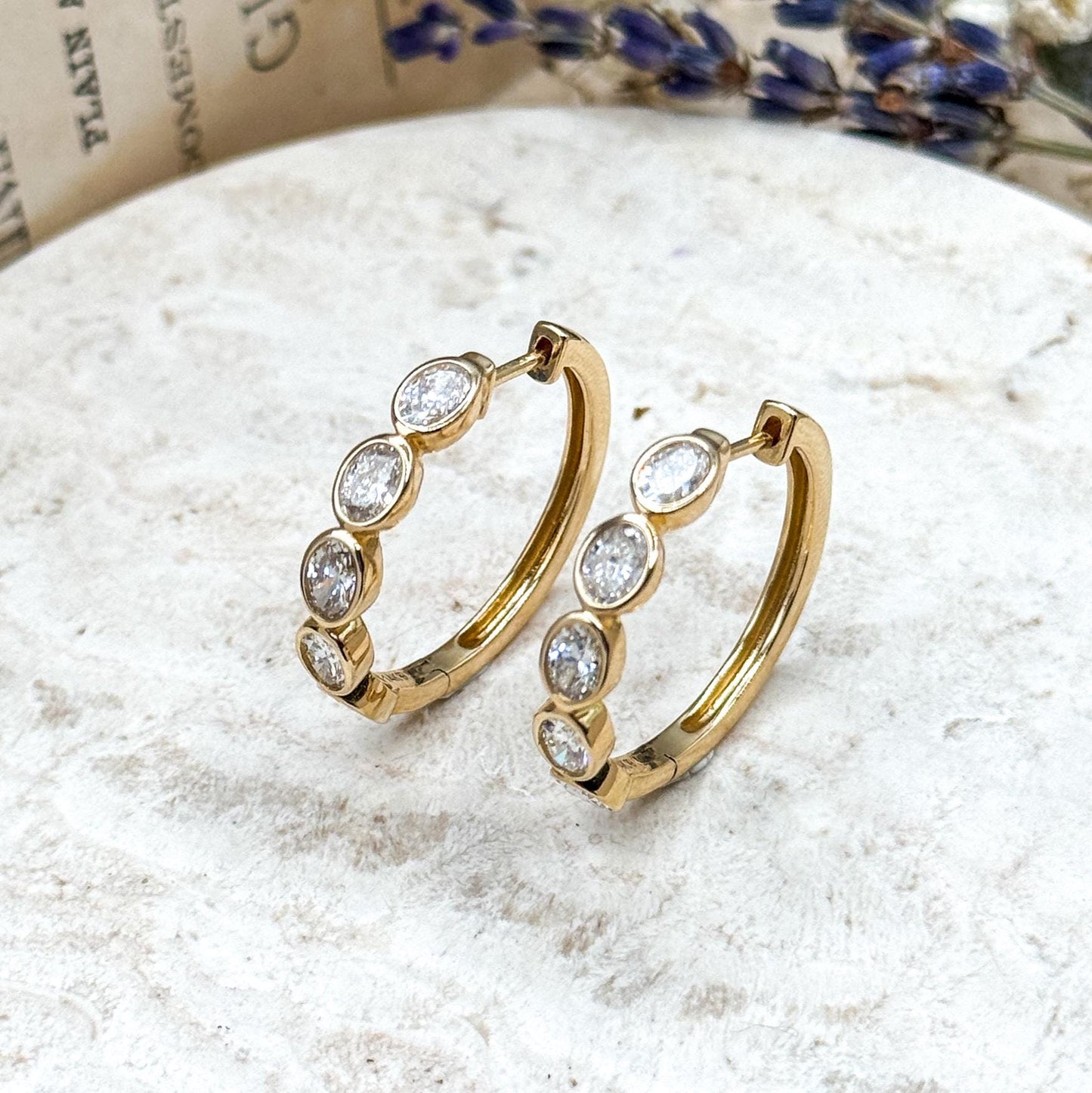 Estate Bezel Set Lab Diamond Hoop earrings in 14K 2.00ctw Oval Diamond Hoops