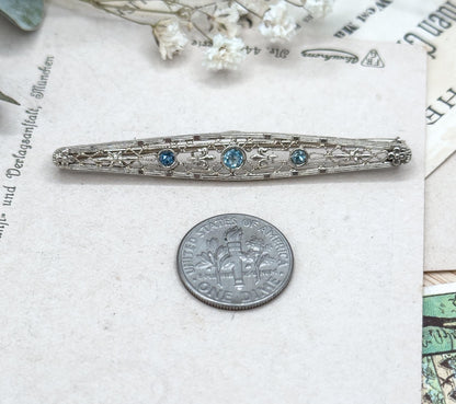 Art Deco Aquamarine Paste Brooch: 14K White Gold Filigree Pin