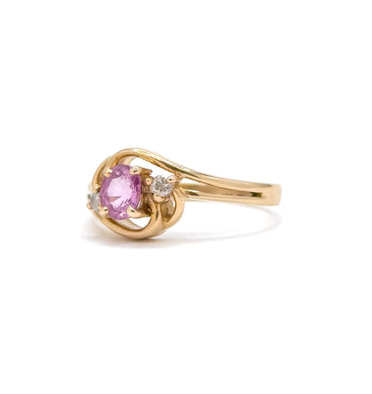 Vintage Pink Sapphire and Diamond ring 14K Yellow Gold