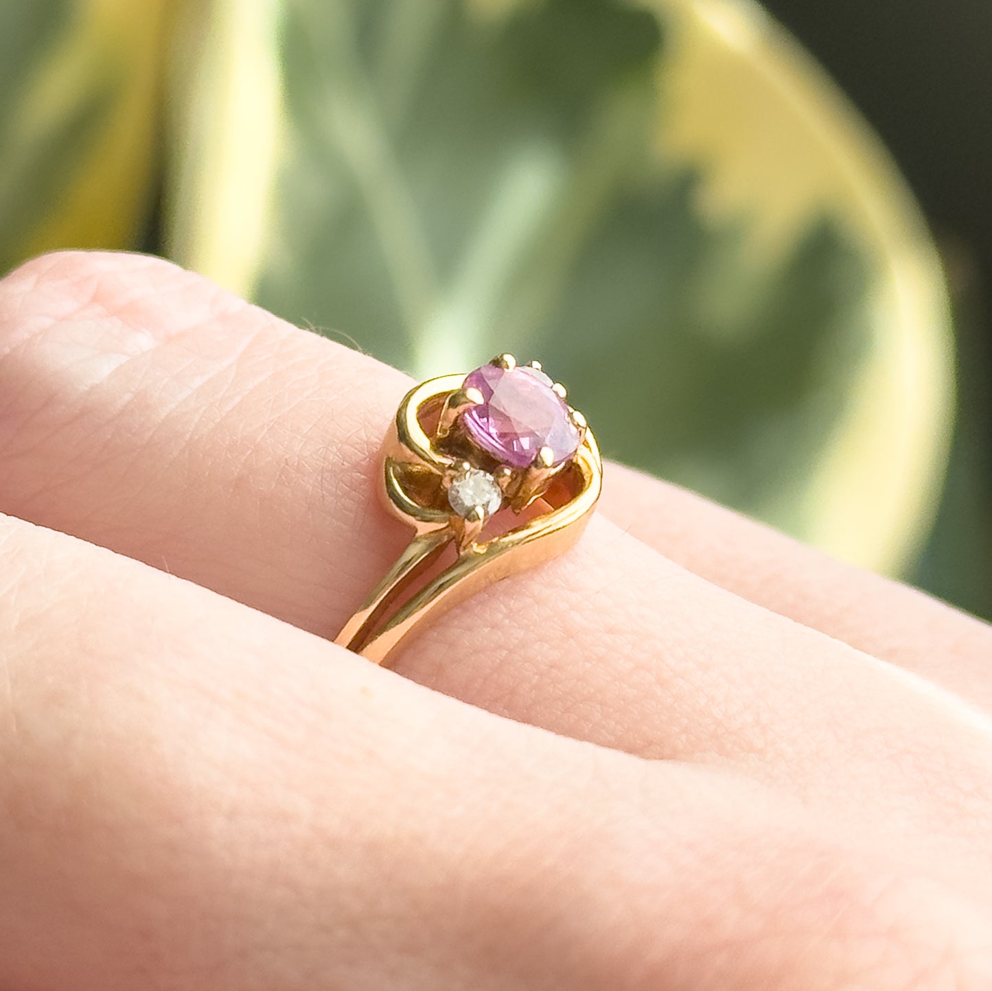 Vintage Pink Sapphire and Diamond ring 14K Yellow Gold