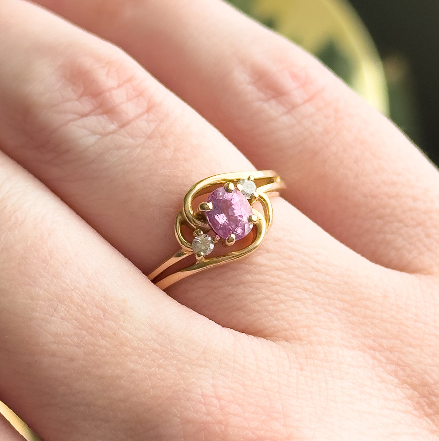 Vintage Pink Sapphire and Diamond ring 14K Yellow Gold