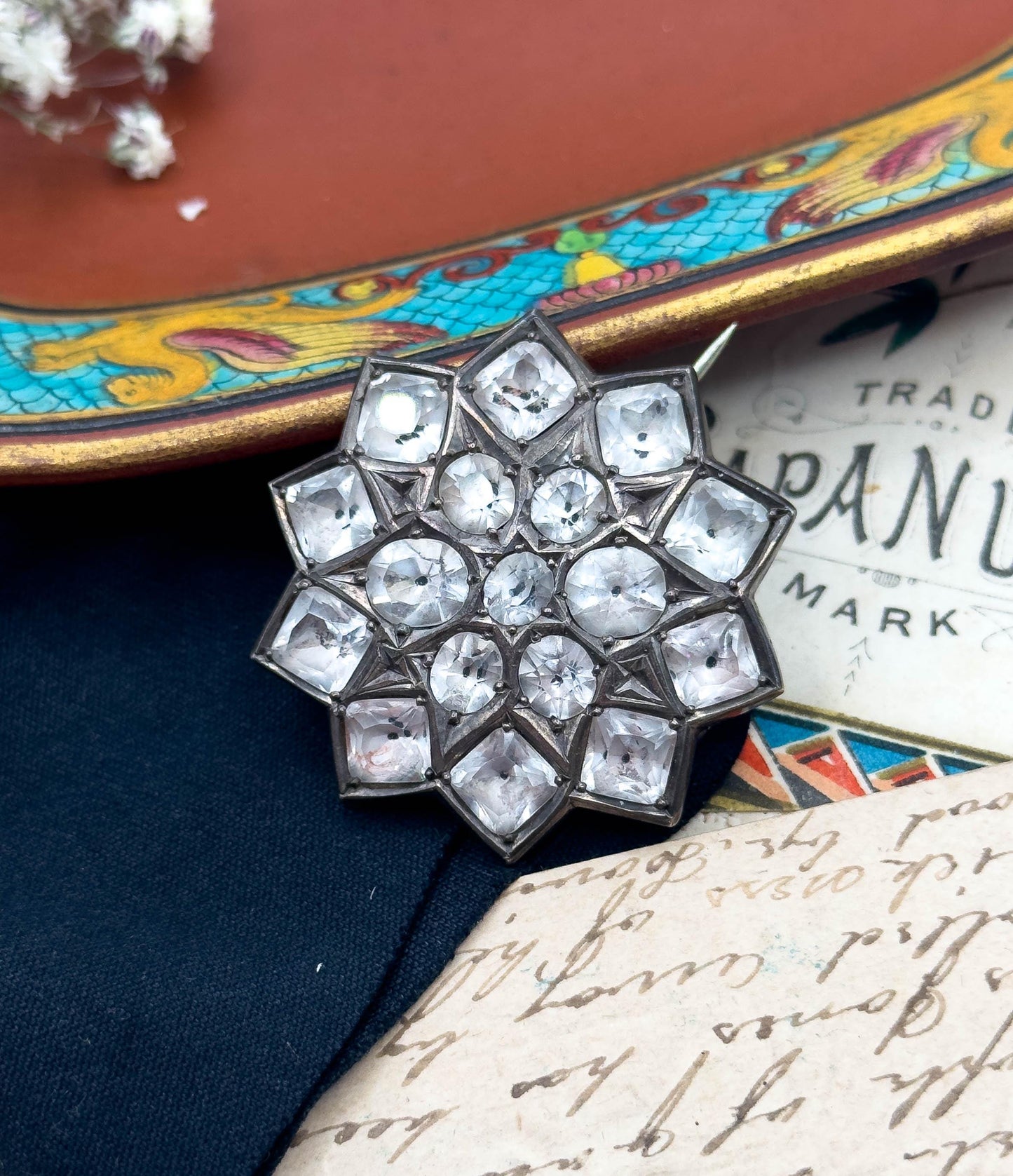 Antique Rock Crystal Brooch in Silver Georgian paste Brooch Victorian Black Dot Paste 1790s