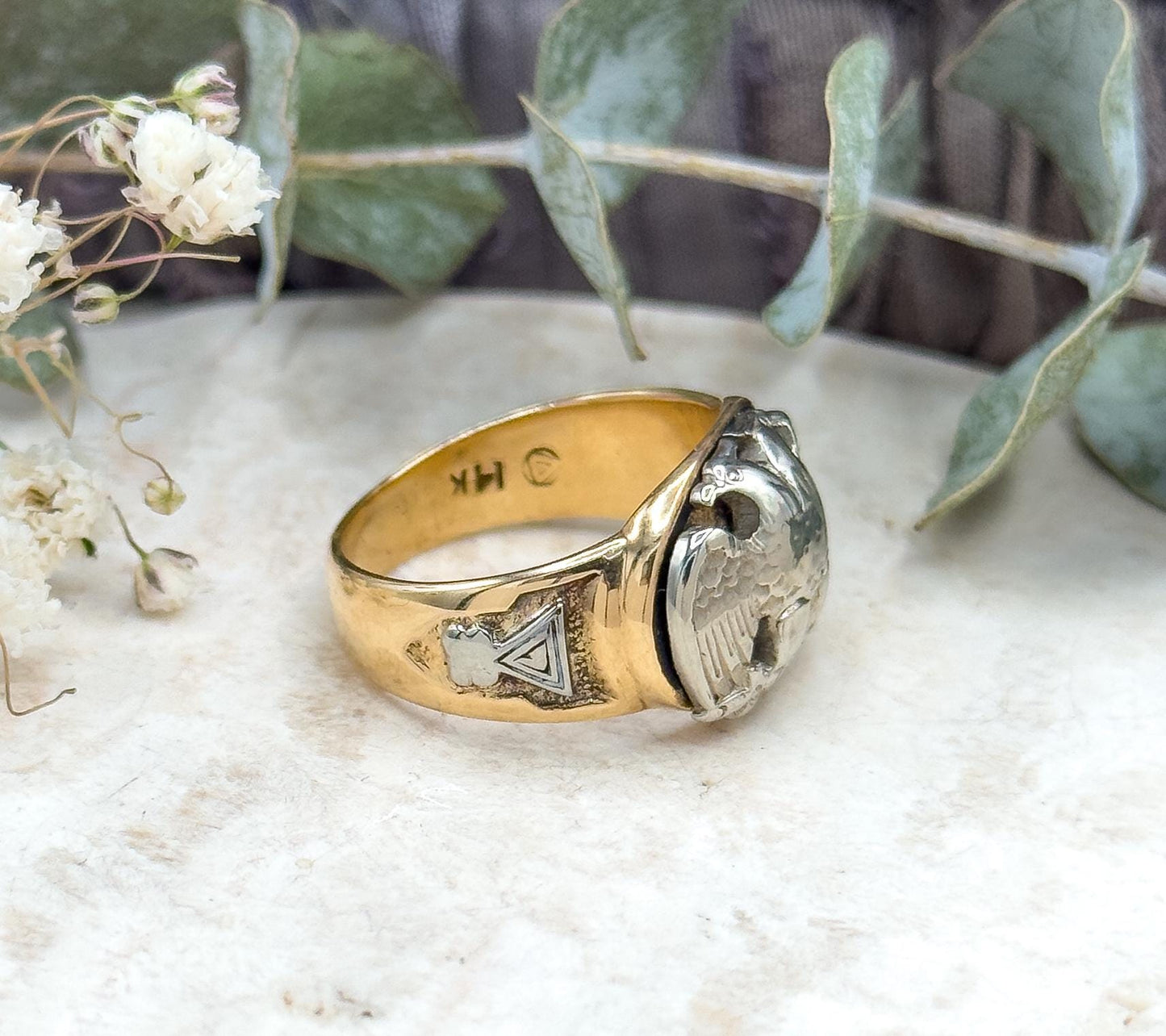 Vintage Scottish Rite Ring, Masonic Ring Double Headed Eagle 32nd Degree Mens Ring in 14K Gold