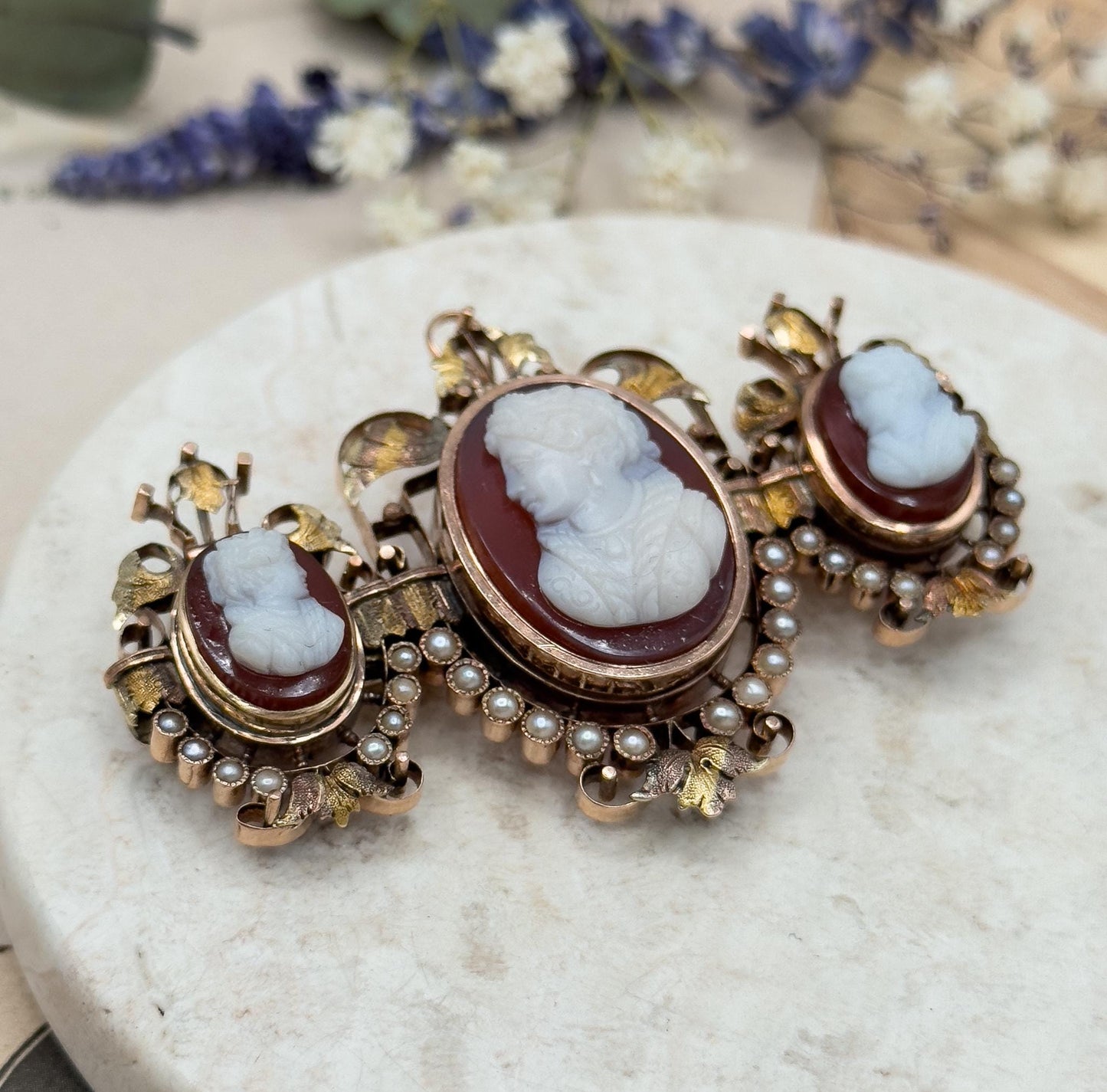 Victorian Cameo Brooch: 12K Rose Gold, Sardonyx, Seed Pearls, Elizabethan Style