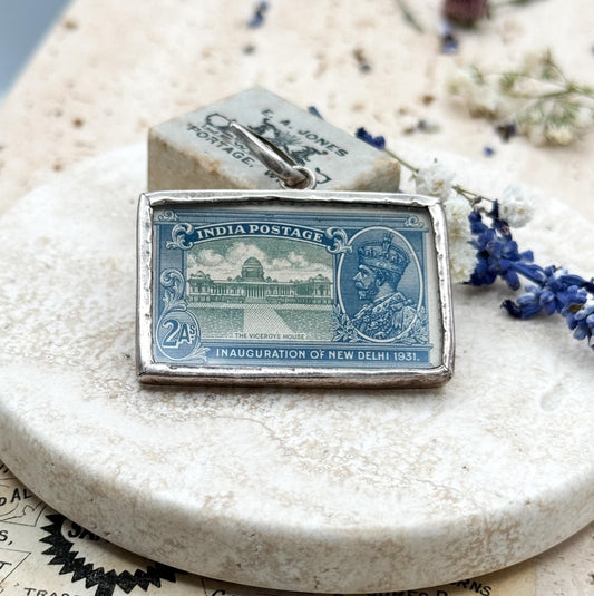 Vintage Blue India Postage Stamp In Silver Frame  1930s