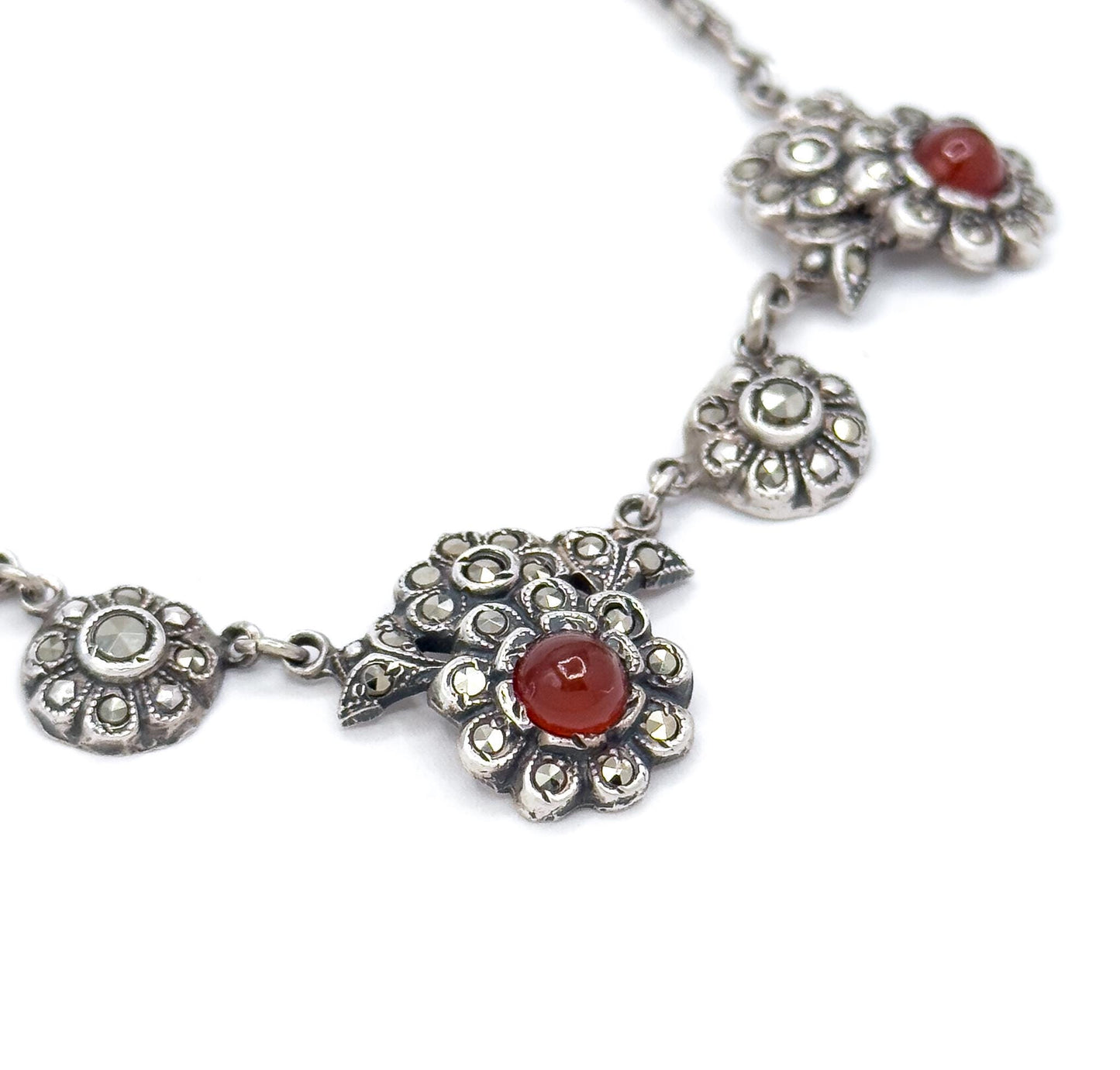 Antique Art Deco Carnelian & Marcasite Sterling Silver Floral Necklace
