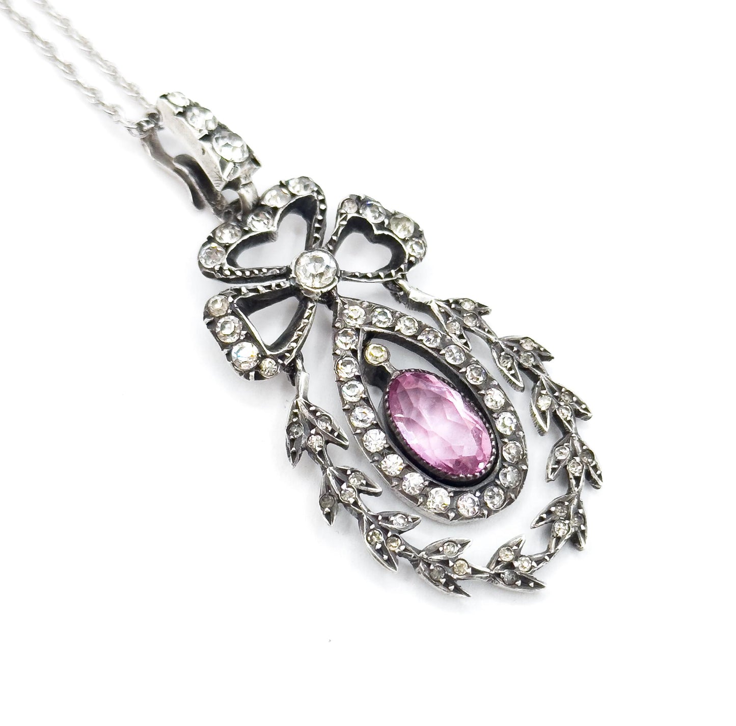 Antique Edwardian Paste Pendant: Sterling Silver Bow, Garland Style, 24" Chain