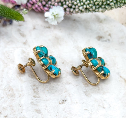 Vintage MidCentury Brooch  & Earring Set with Turquoise in 14K Yellow Gold