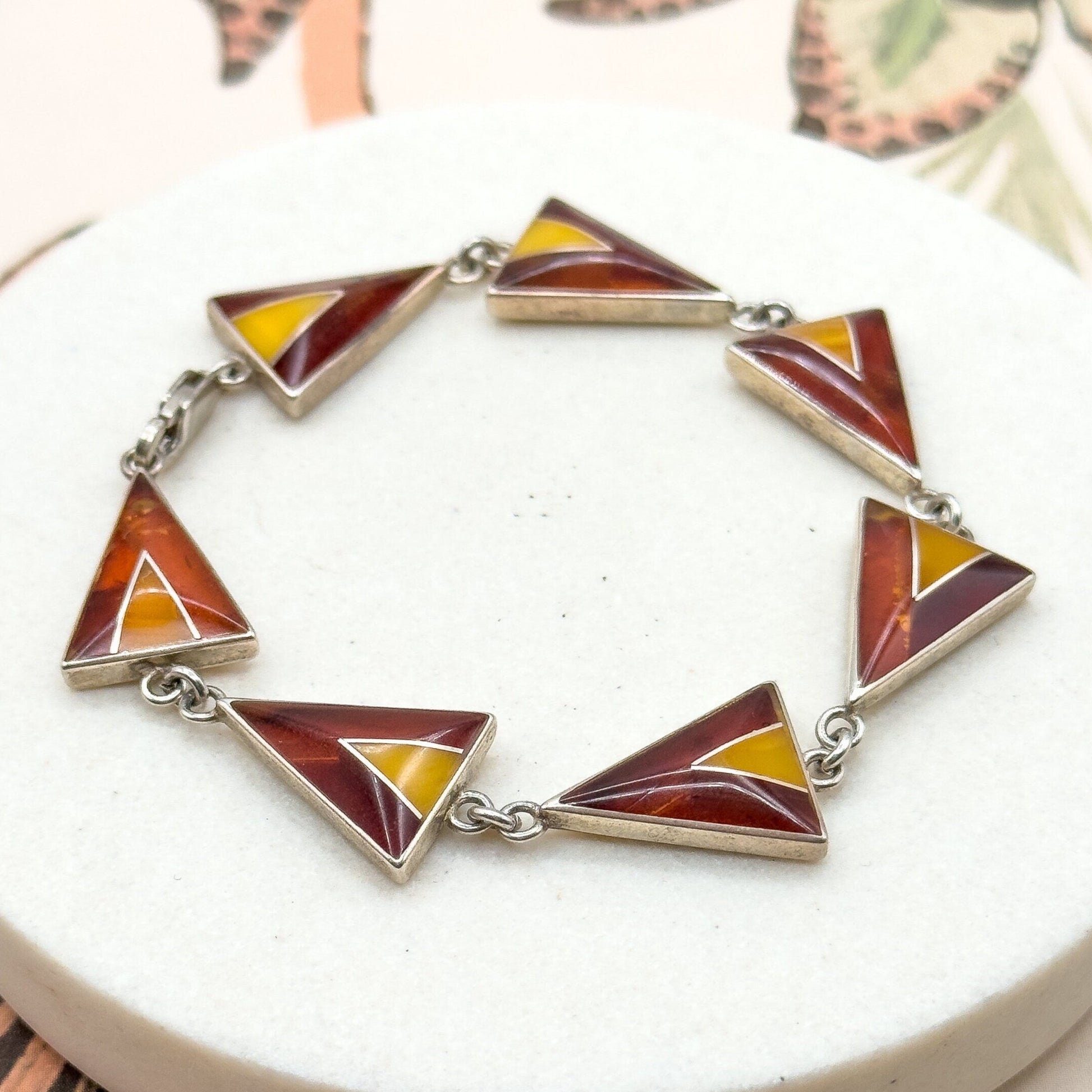 Vintage MCM amber inlay bracelet in sterling silver with cool triangular links in orange