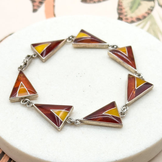 Vintage MCM amber inlay bracelet in sterling silver with cool triangular links in orange
