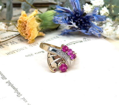 Retro Ruby Ring in 10K Yellow Gold and White Gold Two Tone Vintage 1940s Retro Era Jewelry Volute Ring synthetic Ruby Ring Pink Gemstone fun