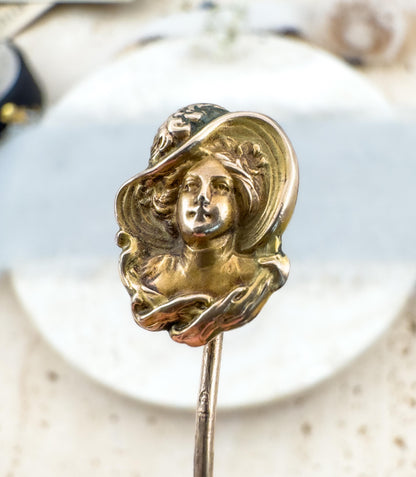 Art Nouveau Stick Pin Lady in Hat Edwardian Gibson Girl Pin