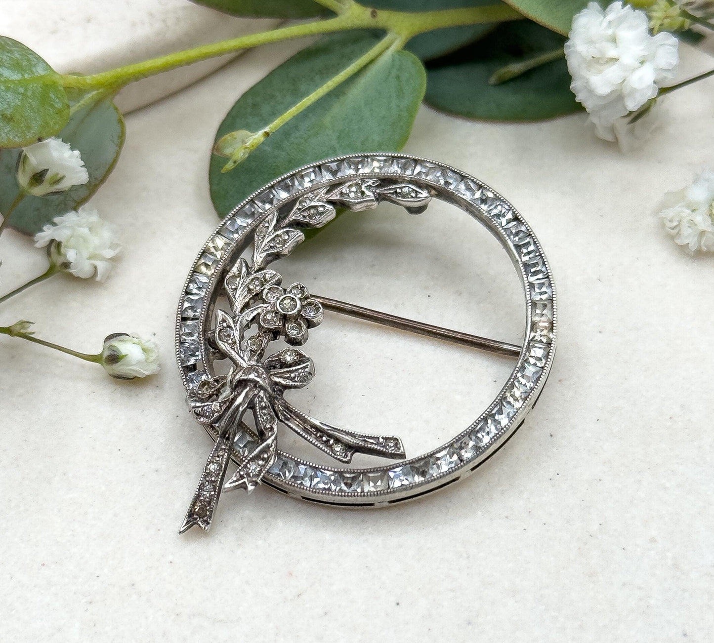 Antique Art Deco Floral Circle Brooch with Bow in Sterling Silver Antique Paste Wreath Brooch