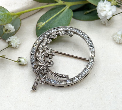 Antique Art Deco Floral Circle Brooch with Bow in Sterling Silver Antique Paste Wreath Brooch