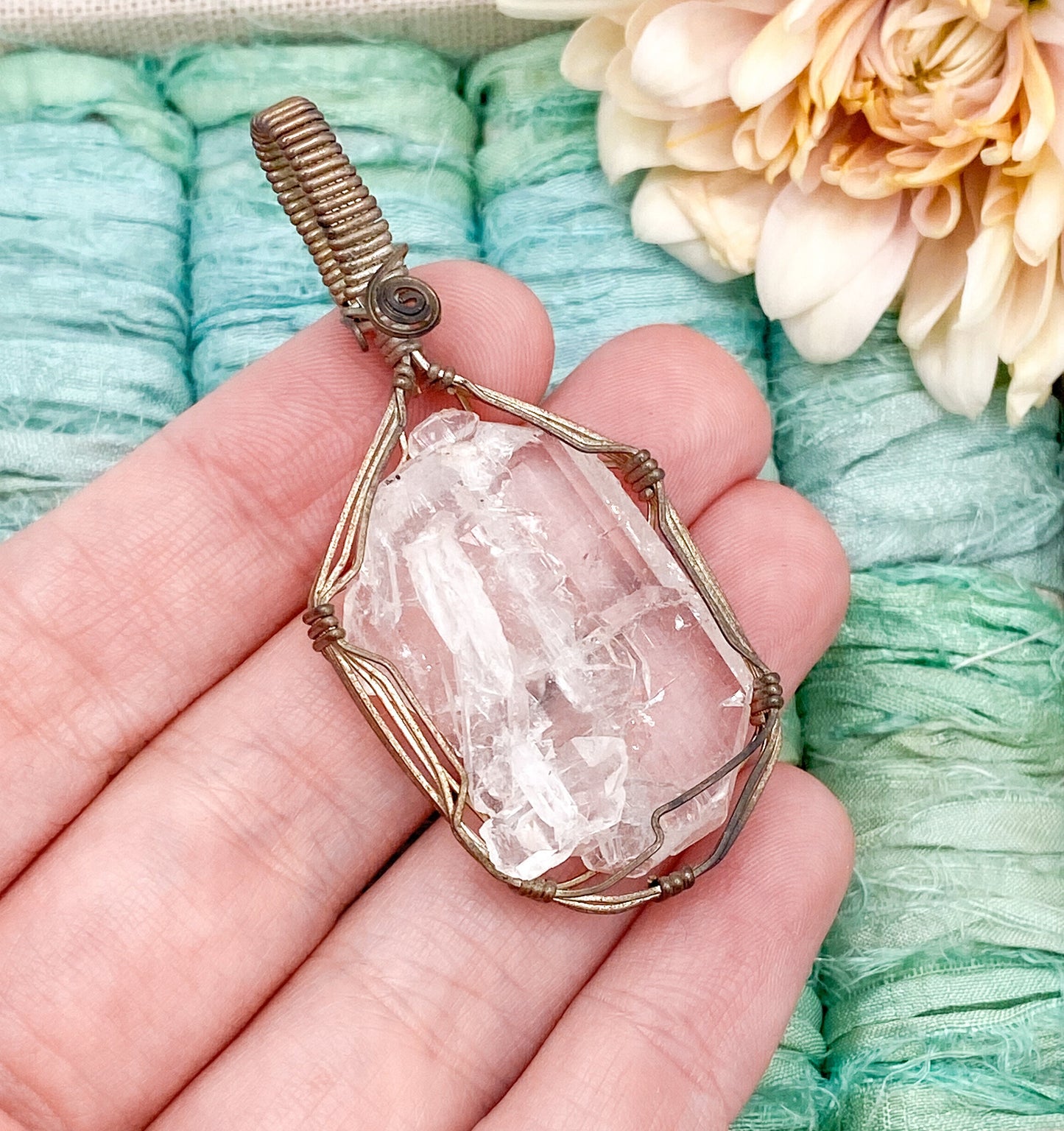 Vintage wire wrapped raw quartz crystal pendant handmade
