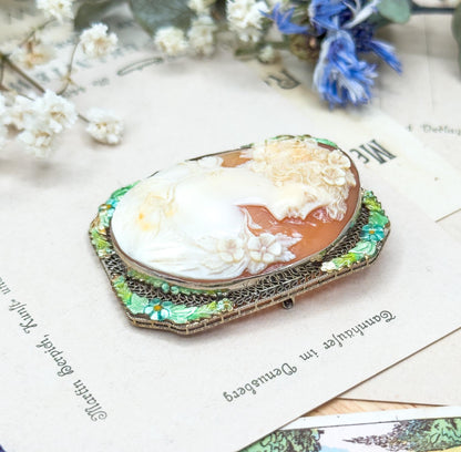 Edwardian Carved Cameo Flora in White Gold w Enamel Details