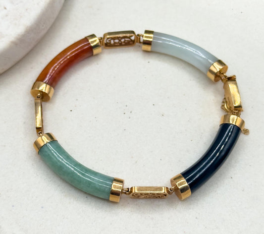 Vintage Jade & Onyx 14K Yellow Gold jade Station Bracelet