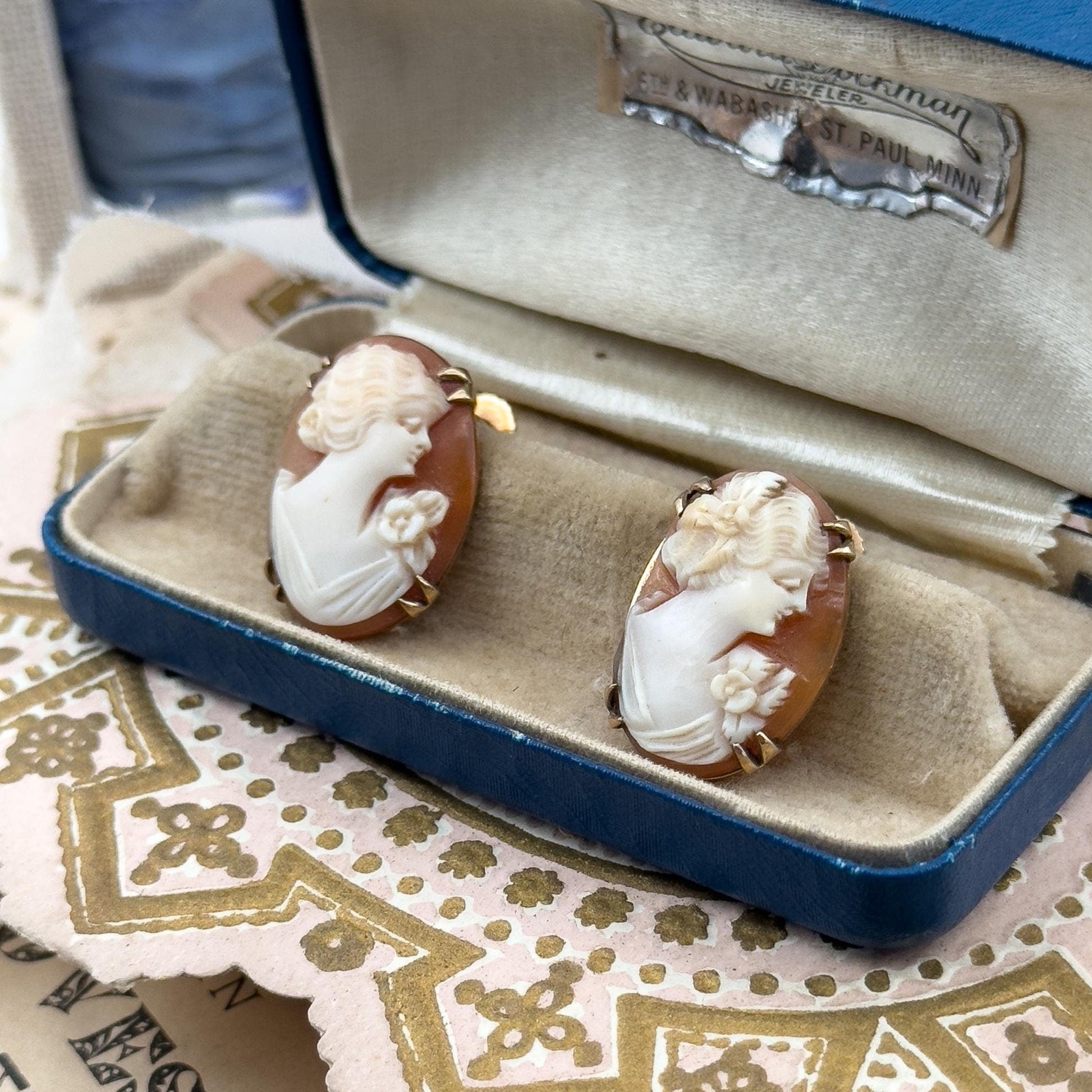 vintage cameo earrings in original box carved shell