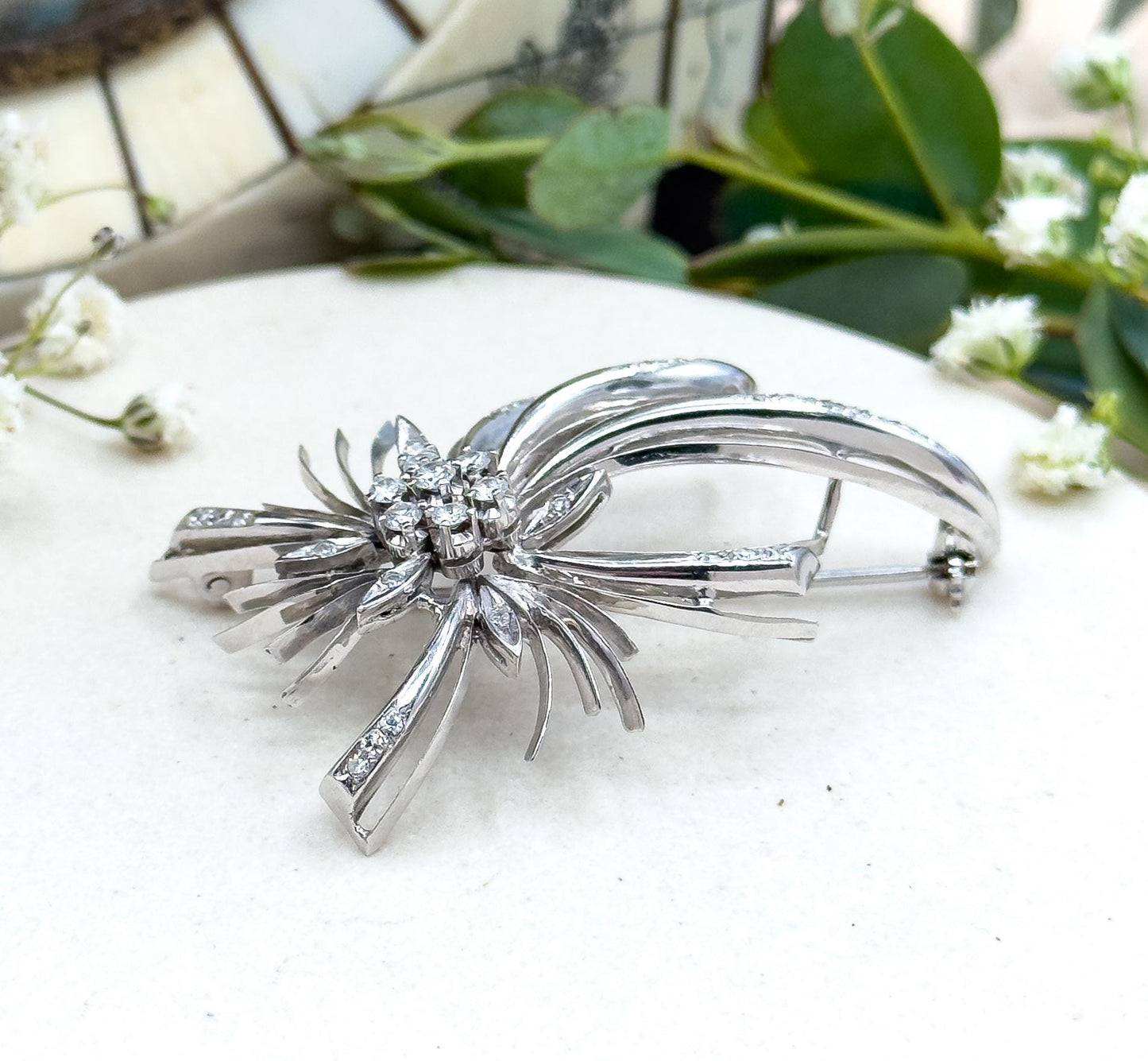 Vintage Diamond Brooch in 18K White Gold Mid Century Brooch Starburst