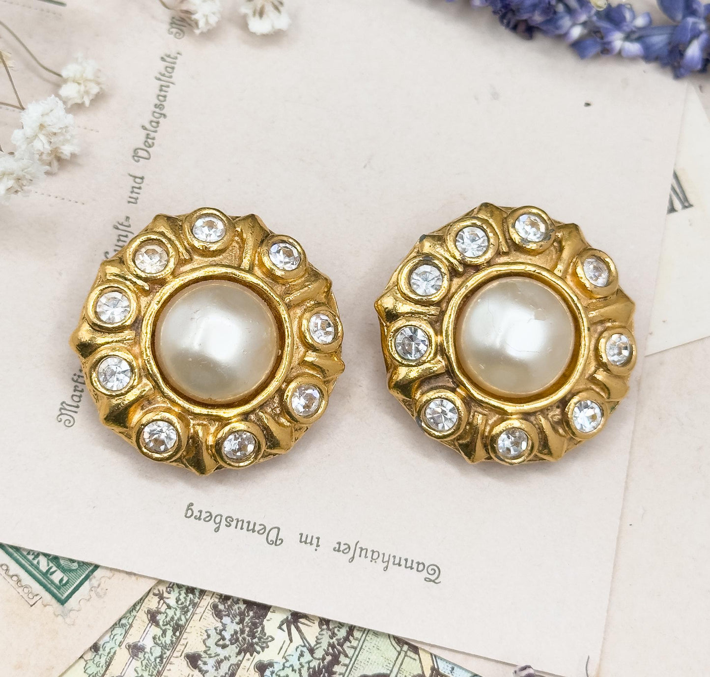 Vintage Chanel Clip On Earrings Faux Mabe pearl Rhinestone 1980s