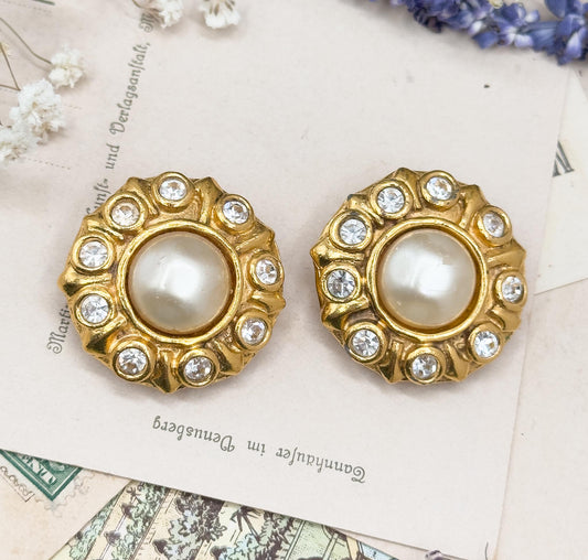 Vintage Chanel Clip On Earrings Faux Mabe pearl Rhinestone 1980s