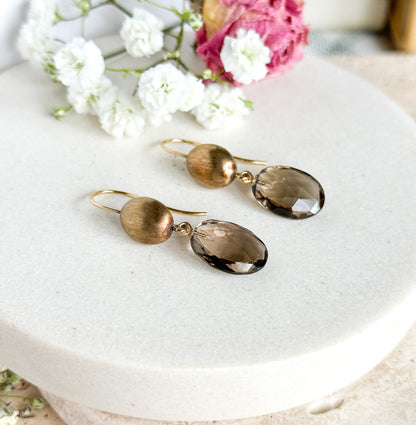 Vintage Smoky Quartz Drop Earrings in 14K Yellow Gold
