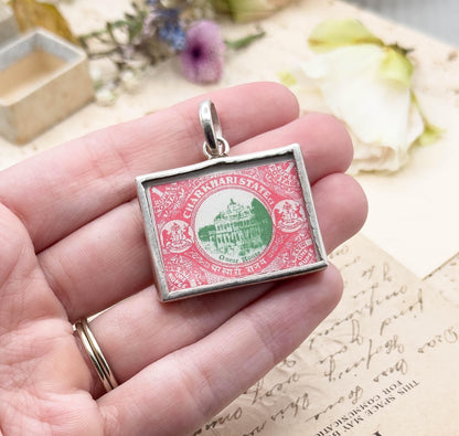 Vintage India Charkhari State Postage Stamp In Silver Frame Pendant Antique Stamp