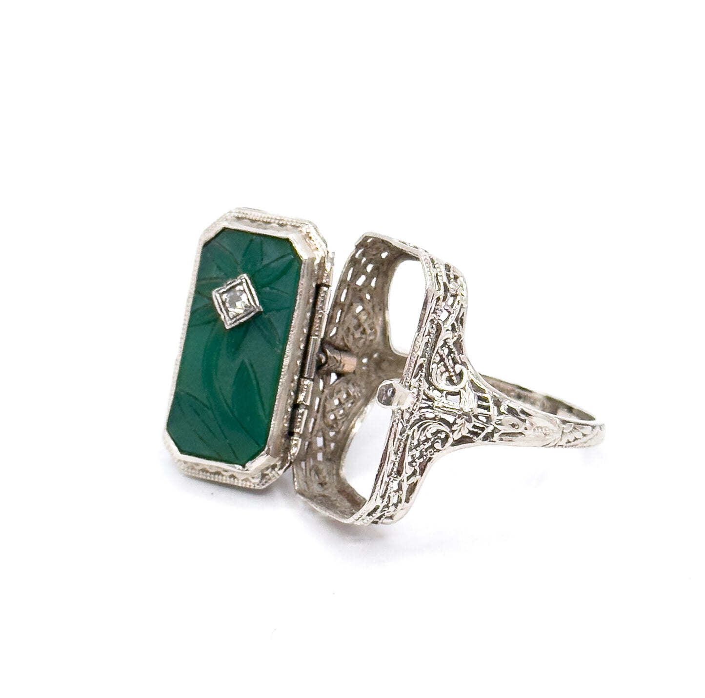 Antique Art Deco Flip LOCKET Ring in Chrysoprase and Onyx 14K White Gold