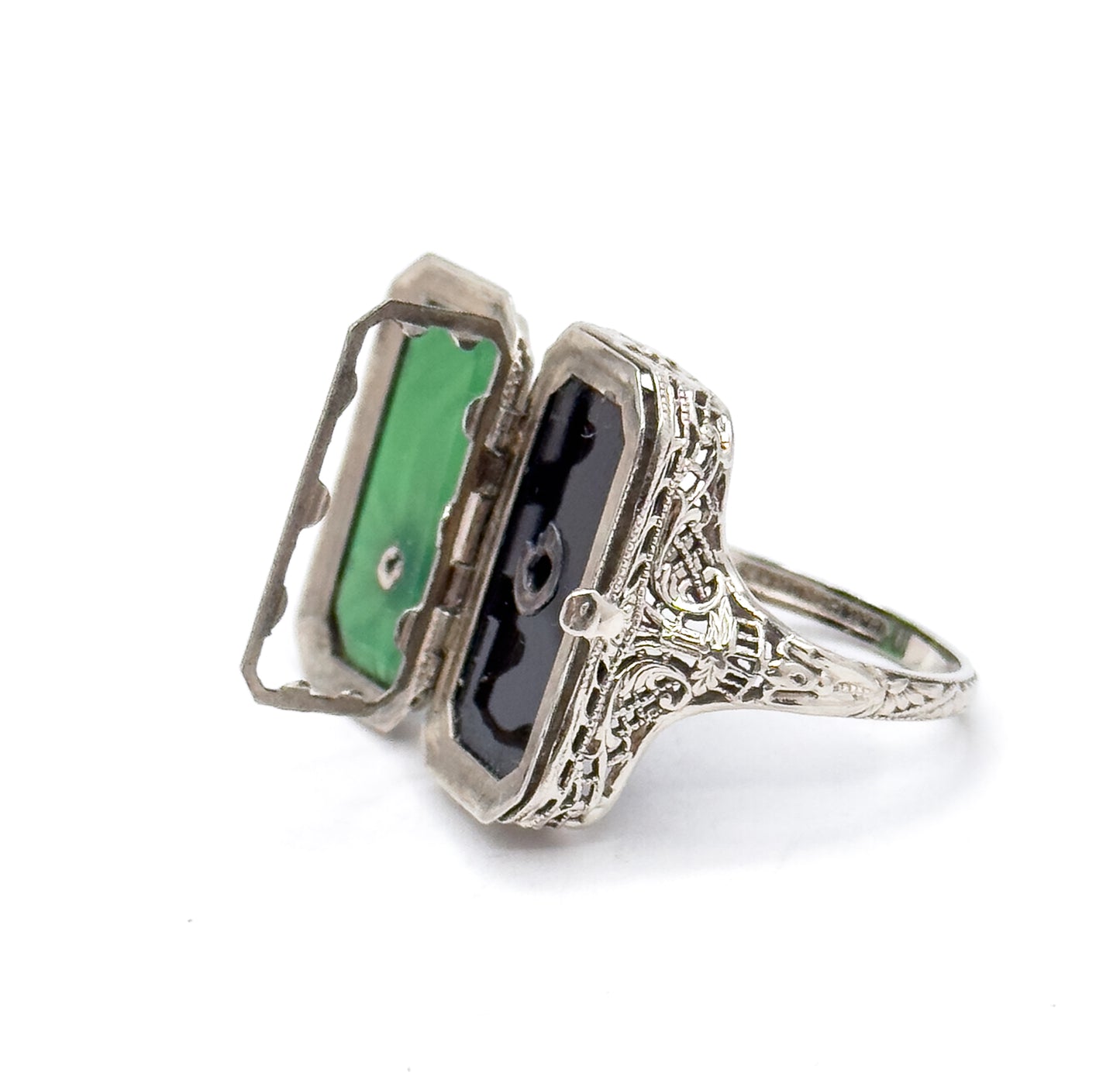 Antique Art Deco Flip LOCKET Ring in Chrysoprase and Onyx 14K White Gold