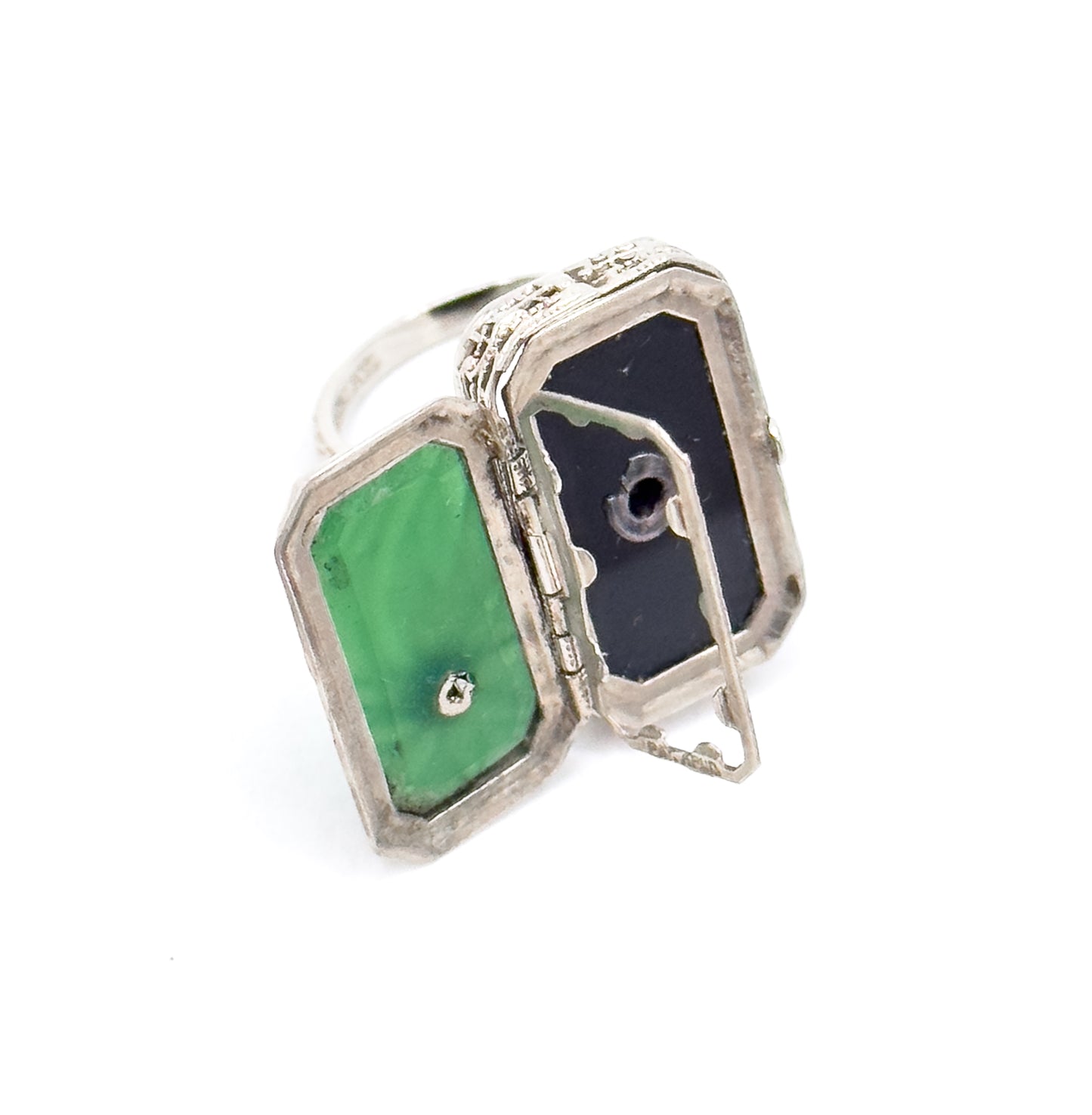 Antique Art Deco Flip LOCKET Ring in Chrysoprase and Onyx 14K White Gold