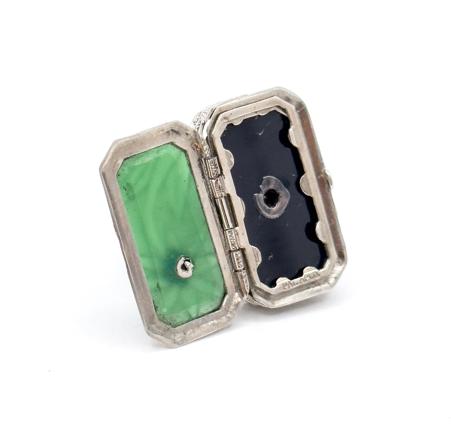 Antique Art Deco Flip LOCKET Ring in Chrysoprase and Onyx 14K White Gold