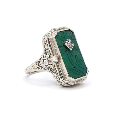 Antique Art Deco Flip LOCKET Ring in Chrysoprase and Onyx 14K White Gold