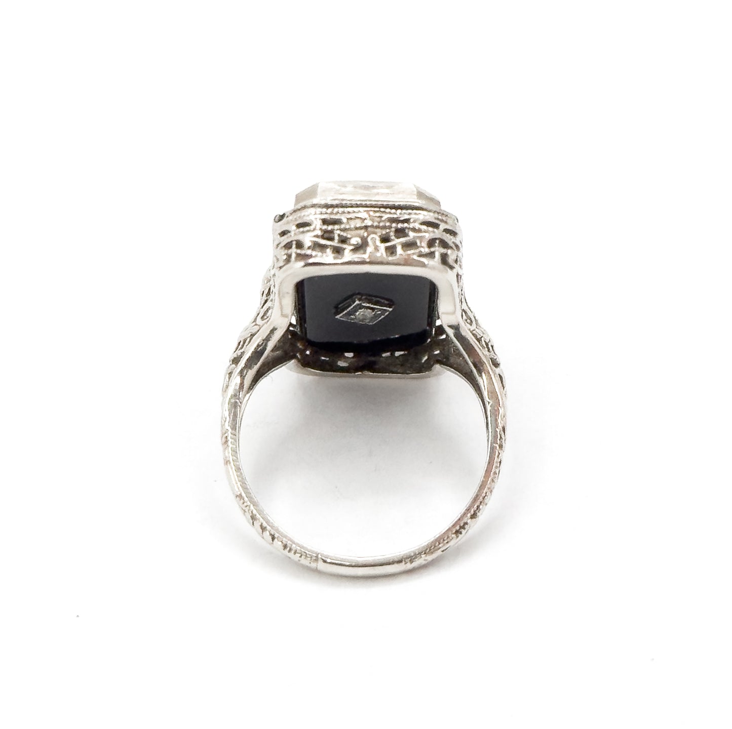 Antique Art Deco Flip LOCKET Ring in Chrysoprase and Onyx 14K White Gold