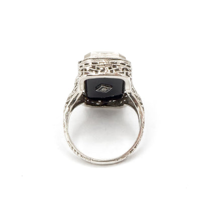 Antique Art Deco Flip LOCKET Ring in Chrysoprase and Onyx 14K White Gold