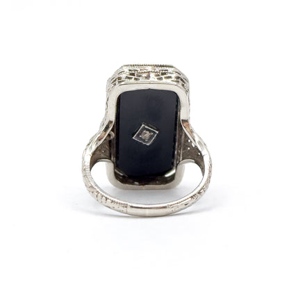 Antique Art Deco Flip LOCKET Ring in Chrysoprase and Onyx 14K White Gold