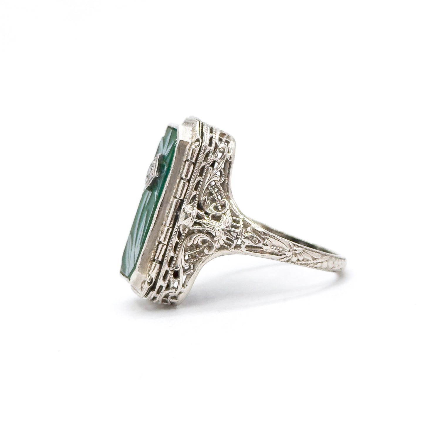 Antique Art Deco Flip LOCKET Ring in Chrysoprase and Onyx 14K White Gold